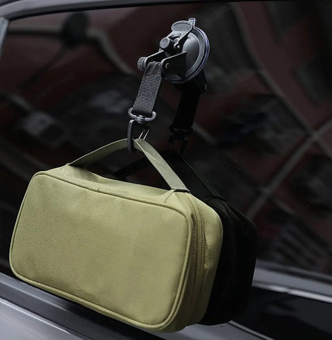 Heavy Duty Suction Cup Anchors With Securing Hook 4 Pack, Camping Tarp Accessory in use on car window with attached bag