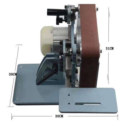 Heavy Duty 750W Electric Belt Grinder And Sharpener With Built Like A Tank Steel Frame and 915X50MM shown from the side with dimensions.