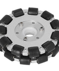 Built Tough Double Aluminum Omnidirectional Wheel With Twenty Two Rubber Rollers 127mm Diameter and Forty Six Pound Load Rating viewed from the top.