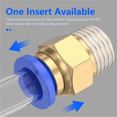 50 Piece Pneumatic Air Hose Fittings Kit With Push To Connect Connectors In 4mm 6mm 8mm 10mm 12mm Sizes And Thread Options One Quarter One Half One Eighth Three Eighth M5 For Quick Easy DIY Assembly In Workshop And Garage brass push-to-connect fitting with 8mm tube