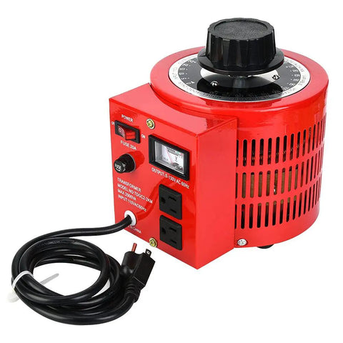 Top Shelf Single Phase Voltage Regulator Transformer With Smooth 0 To 130 Volt Adjustment And 20 Amp Capacity For Reliable 110V 60Hz Power Delivery with manual dial and durable red casing.