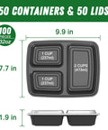 Top and side view of 32 Ounce Meal Prep Containers With Lids Three Compartment Reusable Plastic To Go Takeout Food Storage Boxes.