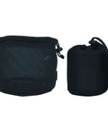 Two black nylon mesh camping gear storage bags for pots and tableware with drawstring closures, outdoor use.