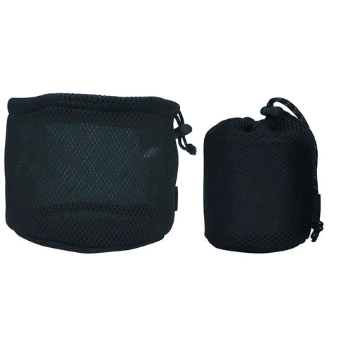 Two black nylon mesh camping gear storage bags for pots and tableware with drawstring closures, outdoor use.