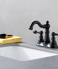 Two Handle Matte Black Bathroom Faucet With Pop Up Drain For 3 Hole 4 Inch Centerset Sinks, 360 Degree Swivel Spout, Lead Free Waterway