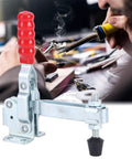 Quick Toggle Clamp For Metal Plate And Circuit Board Positioning Iron Welding Fixture Clamp With Plastic Handle 14 By 15 Cm Manual Holding Tool For Stable Machine Operation, red handle, metal body