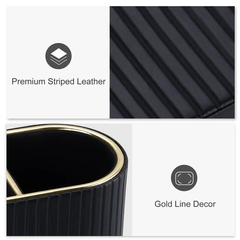 PU Leather Desk Organizer Pen Holder With Dual Compartment Pencil Cup featuring gold line decor and premium striped leather