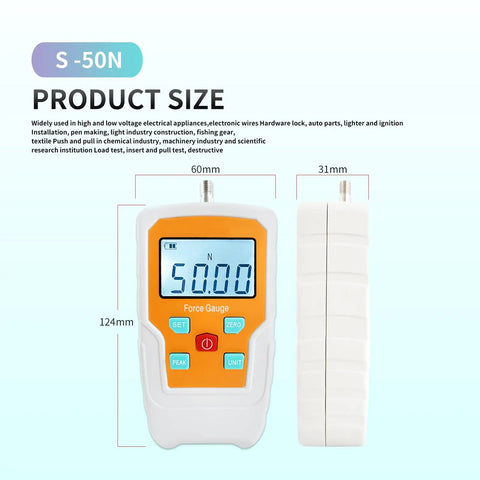 Badass Digital Force Gauge Push Pull Meter Dynamometer Tension Tester Compression Load Thrust Gauge With 50N Max Capacity and Unit Converter displayed with screen and buttons.