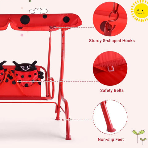 Two Seat Porch Swing With Adjustable Canopy And Stand, Kid Friendly Outdoor Swing Bench, showing safety features and red design.
