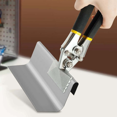 Hand using Dual Jaw Sheet Metal Pliers Set With Curved Jaw Offset Bender And Straight Jaw Bender Pliers for bending metal sheet.