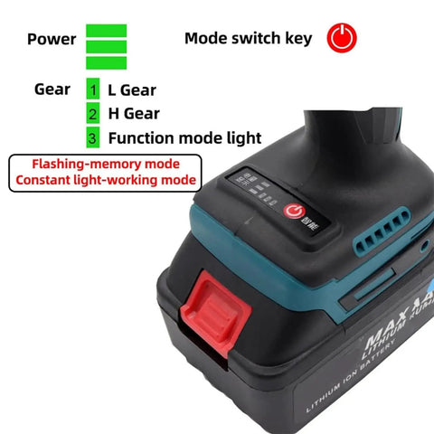 Cordless Electric Rivet Gun And Nut Setter Kit With Rechargeable Battery Charger Plus Rugged Carry Case No Cord Hassles Grab And Roll Power Tool showing power gauge and mode switch key.