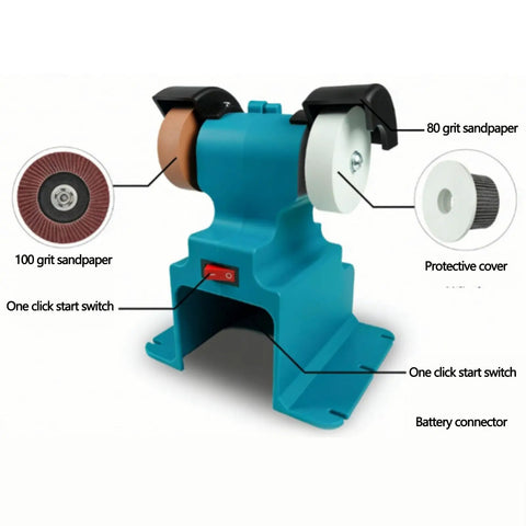 Heavy Duty Compact Cordless Mini Bench Grinder And Dual Battery Polishing Machine Featuring 200W Precision Sharpening with 80 and 100 grit sandpaper.
