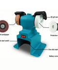 Top Shelf Cordless Mini Bench Grinder With Dual 4000 Mah Batteries delivering slick polishing and precision cutting, showing sandpaper and controls.
