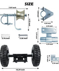 Real Deal 6 Inch Double Wheel Carrier Wall Mount Sliding Gate Hardware Kit Galvanized Steel parts layout with dimensions and screws.