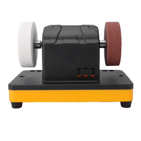 Cordless 3 Inch Mini Bench Grinder With 20V Lithium Battery Variable Speed Cranking From 2000 To 6000 RPM showing dual grinding wheels.