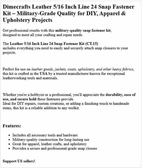 Dimecrafts Leather 5/16 Inch Line 24 Snap Fastener Kit - Tough As Nails Line Twenty Four Snap Fasteners With Long Post Black Plated Military Grade Hardware No Fuss Hammer Install.