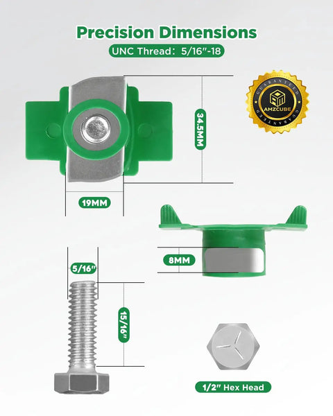 5/16 Inch 18 Nylon Strut Channel Cone Nut and Bolt Kit 20 Pack with 1/2 Hex Head Galvanized Steel Bolts illustrated with precise dimensions.