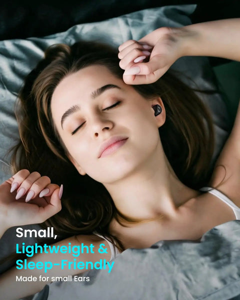 Slick Wireless Earbuds For Small Ears Bluetooth 5.3 Ultra Lightweight At 3.7 Grams Per Bud worn by a woman sleeping peacefully.