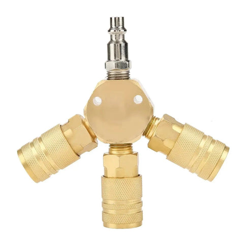 Three Way Air Manifold With Quick Connect Brass Body For Pneumatic Systems Compact 80 By 80 Millimeter Distribution Block With Three Outputs