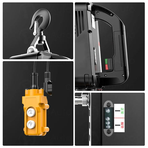 Rock Solid Heavy Duty Electric Chain Hoist Portable Auto Crane Lifter With 500kg Max Capacity close-up of hook and control switch.