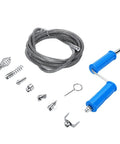 Heavy Duty Alloy Steel Drain Snake With Drill Attachment For Kitchen Sink And Bathroom Clogs Using Flexible Pipe Cleaner includes flexible cable and tools.