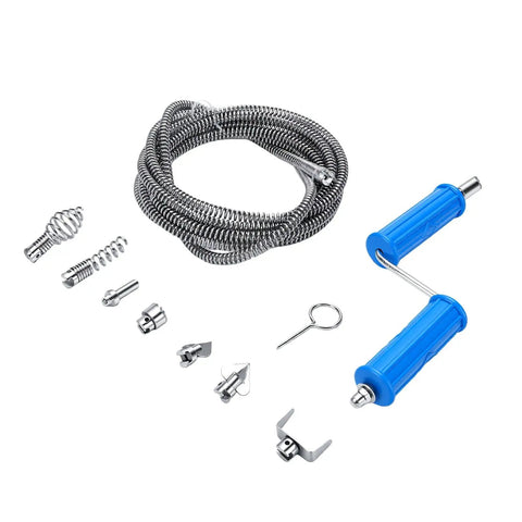Heavy Duty Alloy Steel Drain Snake With Drill Attachment For Kitchen Sink And Bathroom Clogs Using Flexible Pipe Cleaner includes flexible cable and tools.