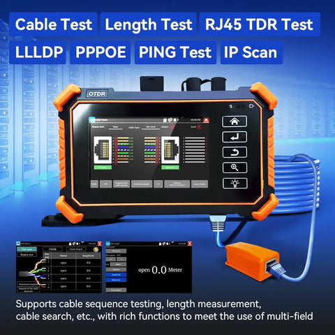 Rock Solid OTDR Optical Fiber Tester Featuring No Fuss Quick Setup And Hella Precise 1310Nm 1550Nm Wavelength Measurement For Pro Level Fiber Network Diagnostics And Dead Simple Cable Fault Location Testing, showing touchscreen with cable testing features.