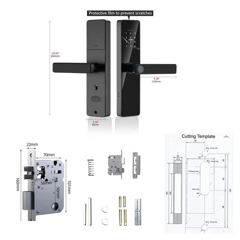 Heavy Duty Smart Door Lock With Fingerprint Reader And Backlit Keypad Keyless Entry Electronic Deadbolt For Home showing dimensions and components.