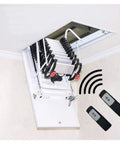 Electric Attic Ladder With Remote Control Folding Telescopic Design And Secure Handrails Custom Sized For Ceiling Hatches Up To Three Meters, showcases a ceiling-mount, fully automated folding ladder.