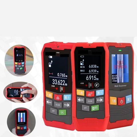 Top Tier Badass Wall Scanner And Metal Detector Stud Finder With Ac Voltage Live Cable Depth Detection Waterproof Probe Rock Solid Multi Functional Tool Built Like A Tank For Handyman Crews And Homeowners, showing three devices with color displays.