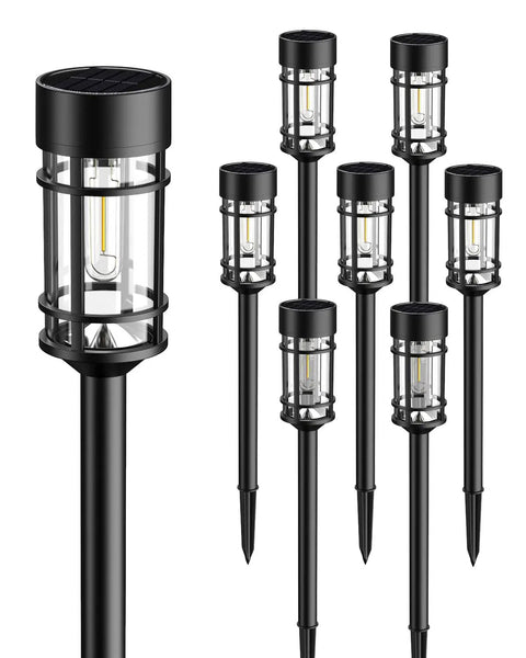 Eight Pack Solar Pathway Lights Outdoor Waterproof 21 Inch Metal And Glass Landscape Driveway Garden Path Lights shown with black metal stakes.