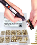 3D printing heat-set insert tool kit with 60W soldering iron and 380 brass threaded inserts (M2–M8) and tips