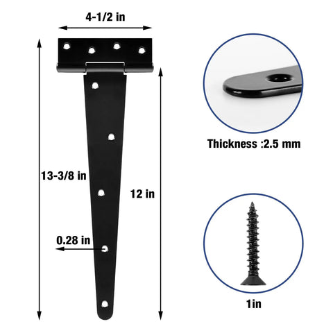 Heavy Duty 12 Inch T Strap Black Gate Hinges Featuring Dang Smooth 270 Degree Rotation For Barn Shed And Fence Gates Rock Solid 2.5 mm Thick Steel Real Deal Quality 4 Pack with dimensions and a screw.