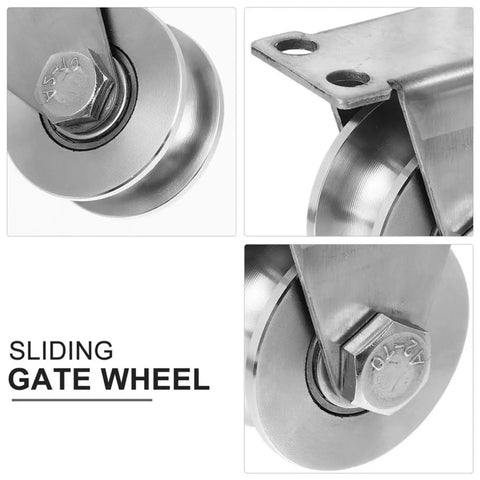 Stainless Steel Sliding Door Pulleys With Double Bearing And Heavy Duty Triangular Bracket Window Rollers Built Tough For Real Smooth Operation On Any Home Setup close-up of sliding gate wheel mechanism