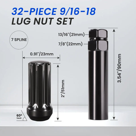 Heavy Duty Badass 7 Spline Lug Nuts 32 Piece Chrome Wheel Bolt Kit Includes Matching Socket Key For Dodge Ram 1500 2500 3500 And Ford F250 F350 Whips with size and dimension details