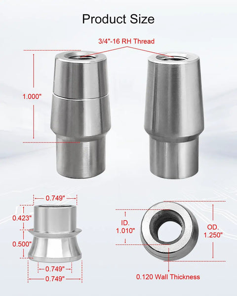 Badass Heavy Duty 3/4 Inch Heim Joint Rod End Kit With Left And Right Hand Threads, detailed dimensions and chrome finish.