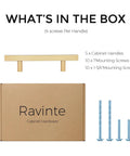 Premium Champagne Gold Square Cabinet Handles 5 Inch Drawer Pulls Five Pack with screws and box for kitchen and bath.