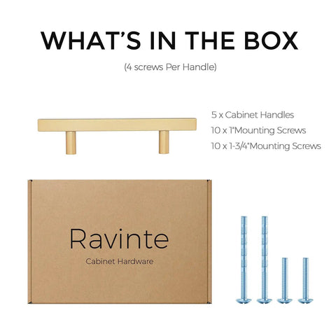 Premium Champagne Gold Square Cabinet Handles 5 Inch Drawer Pulls Five Pack with screws and box for kitchen and bath.