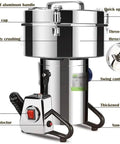 Beast Mode Heavy Duty 2000g Electric Grain Grinder Mill High Speed Stainless Steel Pulverizer with labeled parts