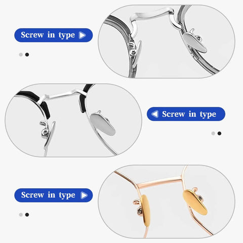 Screw on titanium glasses nose pads in various colors and styles, showcasing secure fit and ergonomic design.