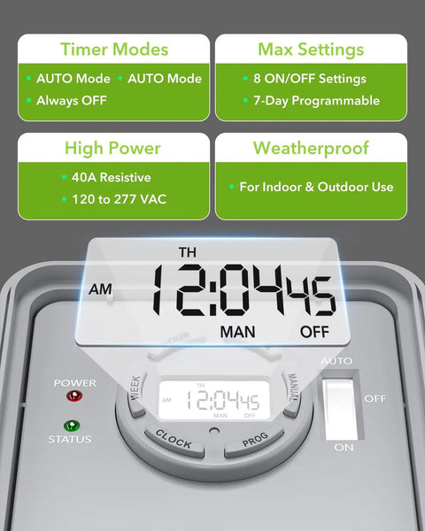Heavy Duty Workhorse Digital Pool Timer For Outdoor Spas And Water Heaters 40 Amp 120 To 277 Volt displaying timer modes and settings.