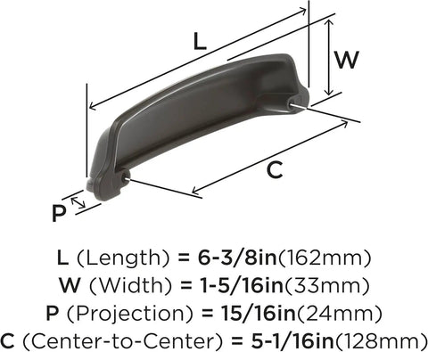 Top Shelf Matte Black Cup Pull Handle With No Hassle Mounting And Game Changing Grip For Smooth Kitchen Cabinet Refresh And Furniture Upgrade Featuring 5 16 Inch Center To Center Spacing dimensions showing length 6-3/8in, width 1-5/16in, projection 15/16in.