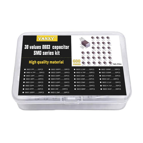 0603 Smd Capacitor Kit Mlcc Ceramic Bulk Value Pack Six Hundred Pieces in clear case, displaying assorted values for electronics assembly.