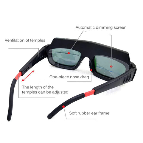 Heavy Duty Solar Powered Welding Goggles With Automatic Darkening True Color Anti Glare Lenses For Plasma Cutting Grind Jobs close-up view showing adjustable temples and features.