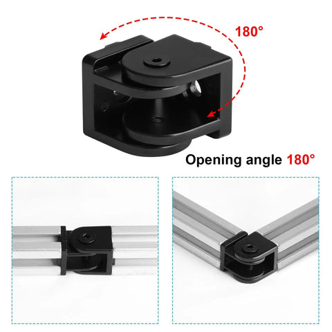 Heavy Duty Black Pivot Joint Hinges 4 Pack Fits 4040 T Slot Aluminum Extrusion Profile Slick Zinc Alloy Construction With M8 Mounting Holes Rock Solid Swivel Action Pro Builder Gear showing 180-degree opening angle.
