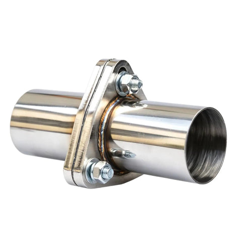 Built Tough Stainless Steel Exhaust Flange Repair Pipe Kit With 2.5 Inch Outside Diameter Three Bolt Configuration And Sealed Gasket, showing welded flange and bolts.