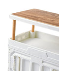 Super Roomy Camping Tote, Foldable Stackable Storage Bin With Hardwood Lid And Scuff Proof Plastic Body, close-up of wooden lid and interior.