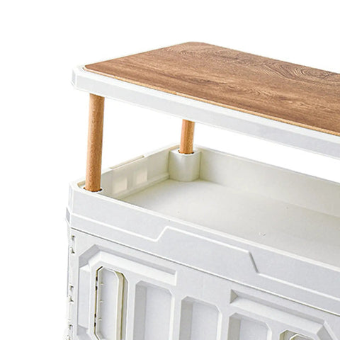 Super Roomy Camping Tote, Foldable Stackable Storage Bin With Hardwood Lid And Scuff Proof Plastic Body, close-up of wooden lid and interior.