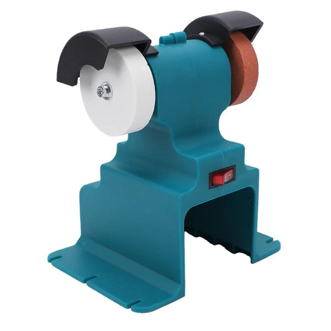 Portable Mini Bench Grinder With 200W Motor And 7000Rpm Speed Cuts The Cord And Comes Packed With Dual 4000Mah Batteries For Heavy Duty Grinding And Sharp Polishing Without Breaking A Sweat In Your Workshop, showing dual grinding wheels.