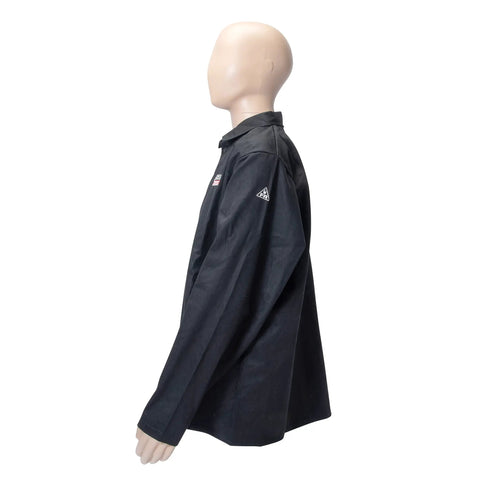 Profile view of Black Flame-Resistant 9 Oz Cotton Welding Jacket Delivers Breathable Comfort, Large Size, Shields Arms And Torso